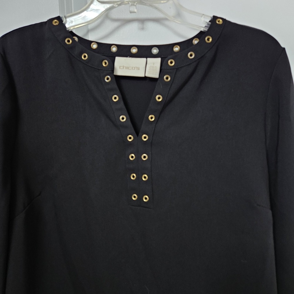 Chico's Blouse Womens 1 Black Grommet Split Neck 3/4 Sleeve Top Metallic Detail - Picture 7 of 10